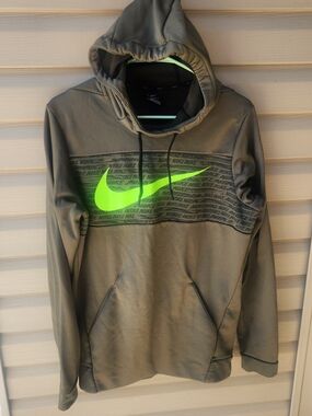 Nike Men's Olive Green Pullover Hoodie with Neon Swoosh